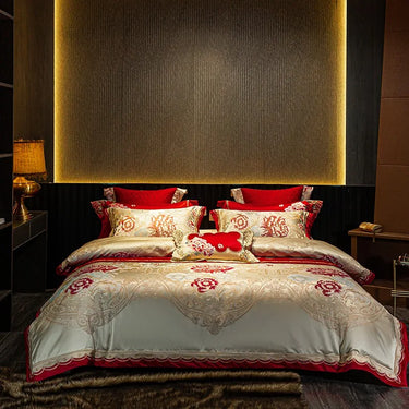Romantic Chic Red Flower Satin Jacquard Deluxe Bedding Set